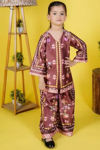 girls multicolor satin kurti sharara set