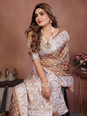 Chiku Color Zari Weaving Viscose Silk Saree 1