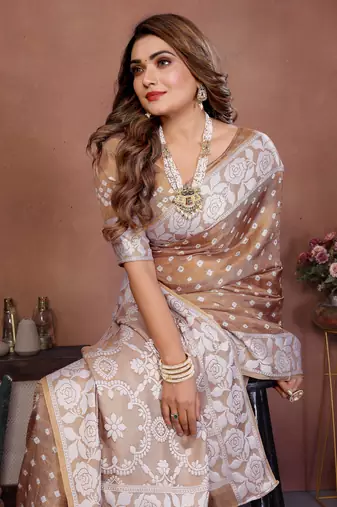 Chiku Color Zari Weaving Viscose Silk Saree