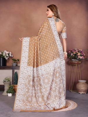 Chiku Color Zari Weaving Viscose Silk Saree 4