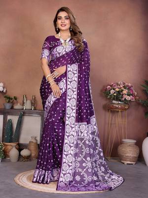 Purple Color Zari Weaving Viscose Silk Blend Saree 2
