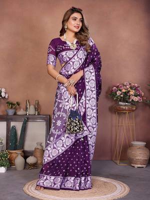 Purple Color Zari Weaving Viscose Silk Blend Saree 3