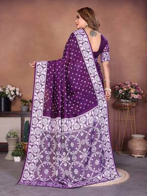 Purple Color Zari Weaving Viscose Silk Blend Saree 4