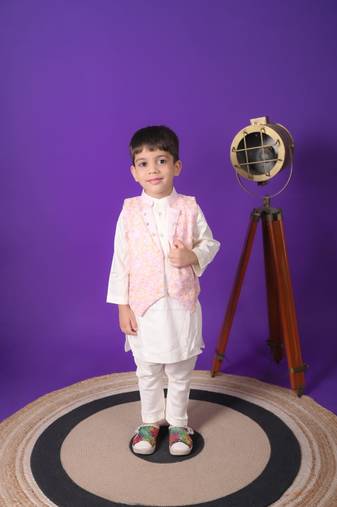 boys pink embroidered jacket kurta pant set