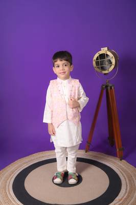boys pink embroidered jacket kurta pant set 1