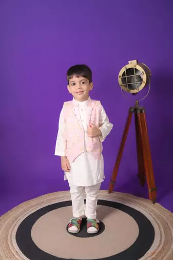 boys pink embroidered jacket kurta pant set