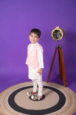 boys pink embroidered jacket kurta pant set 3