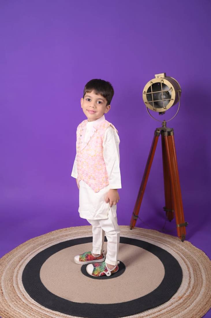 boys pink embroidered jacket kurta pant set