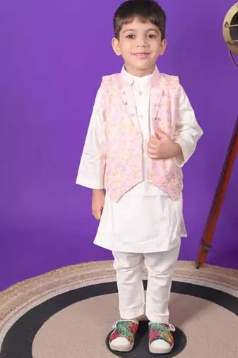 boys pink embroidered jacket kurta pant set