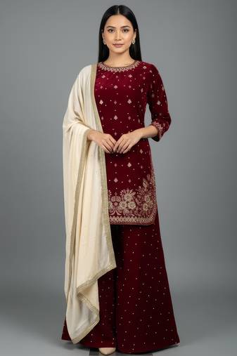 Women straight deep marron velvet embroidery kurta set