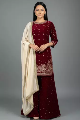 Women straight deep marron velvet embroidery kurta set