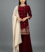 Women straight deep marron velvet embroidery kurta set