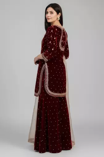 Women straight deep marron velvet embroidery kurta set