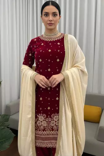 Women straight deep marron velvet embroidery kurta set