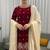 Women straight deep marron velvet embroidery kurta set