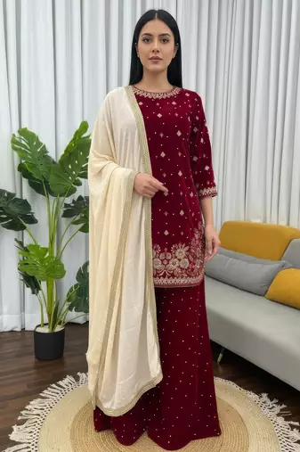 Women straight deep marron velvet embroidery kurta set