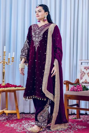 Women straight deep plum velvet embroidery kurta set