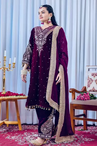 Women straight deep plum velvet embroidery kurta set