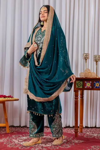 Women straight deep teal velvet embroidery kurta set
