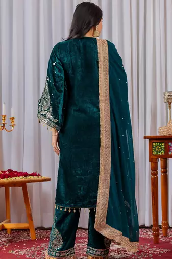 Women straight deep teal velvet embroidery kurta set
