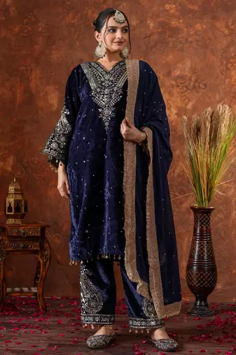 Women straight deep navy blue velvet embroidery kurta set