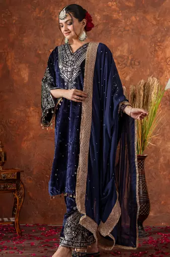 Women straight deep navy blue velvet embroidery kurta set