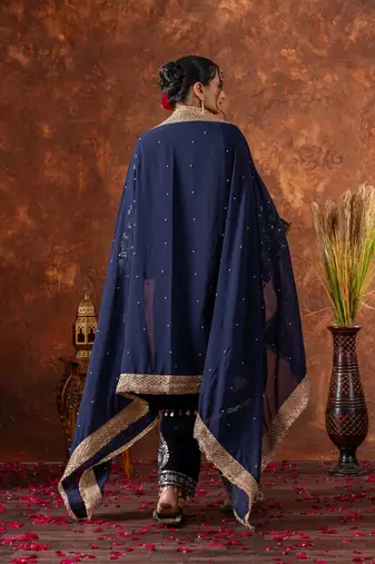 Women straight deep navy blue velvet embroidery kurta set