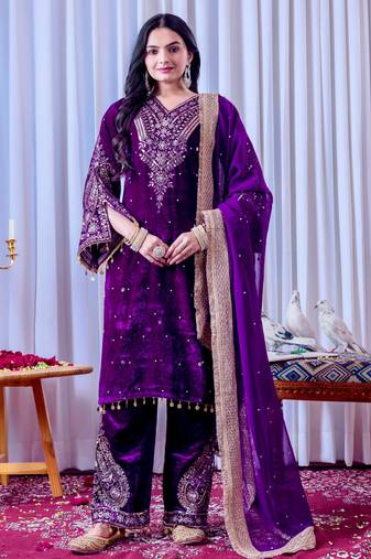 Women straight royal purple velvet embroidery kurta set