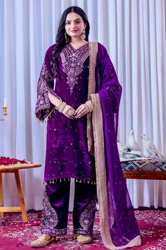 Women straight royal purple velvet embroidery kurta set