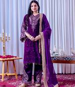 Women straight royal purple velvet embroidery kurta set