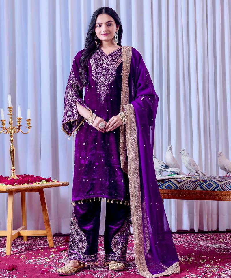 Women straight royal purple velvet embroidery kurta set