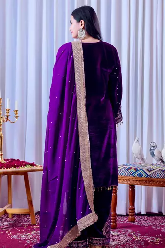 Women straight royal purple velvet embroidery kurta set