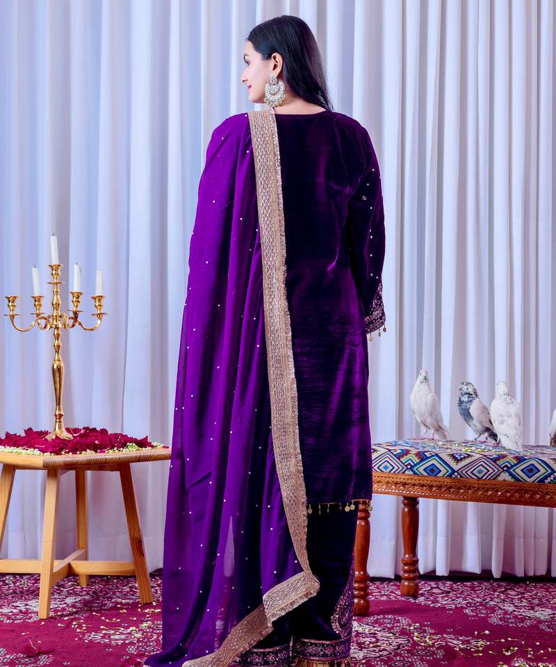 Women straight royal purple velvet embroidery kurta set