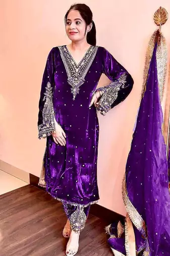 Women straight royal purple velvet embroidery kurta set