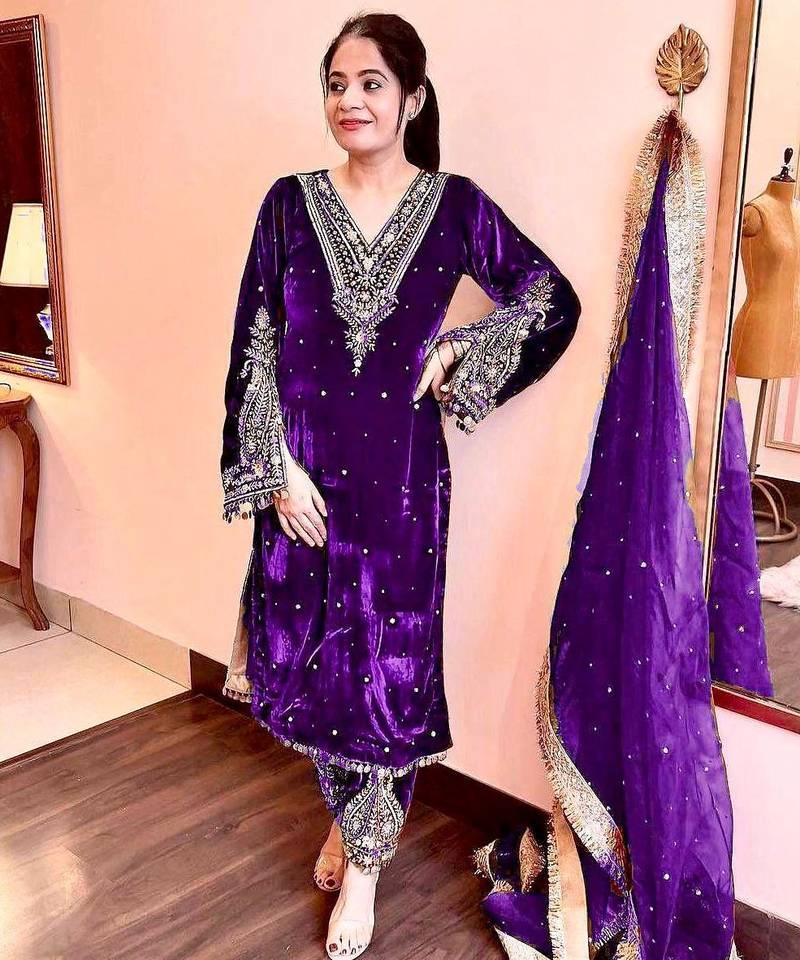 Women straight royal purple velvet embroidery kurta set