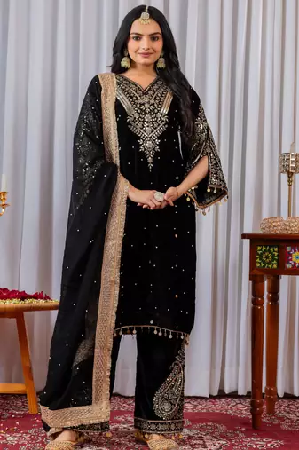 Women straight black velvet embroidery kurta set