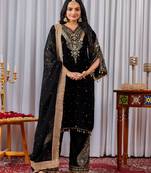 Women straight black velvet embroidery kurta set