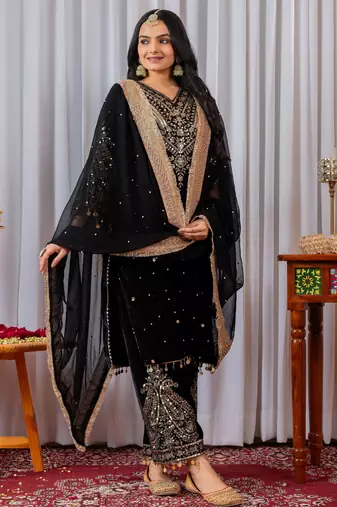 Women straight black velvet embroidery kurta set