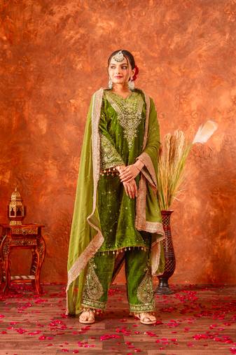 Women straight olive green velvet embroidery kurta set