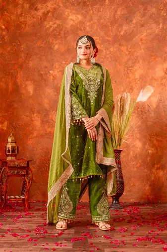 Women straight olive green velvet embroidery kurta set