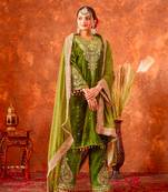 Women straight olive green velvet embroidery kurta set
