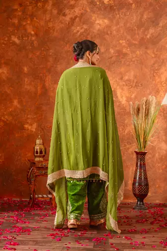 Women straight olive green velvet embroidery kurta set