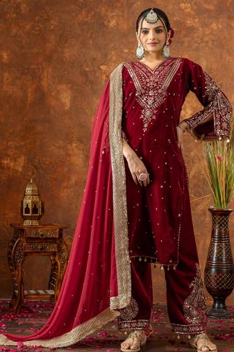 Women straight deep maroon velvet embroidery kurta set