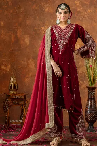 Women straight deep maroon velvet embroidery kurta set