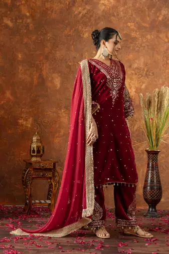 Women straight deep maroon velvet embroidery kurta set