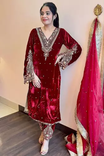 Women straight deep maroon velvet embroidery kurta set