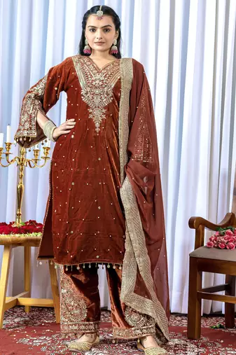 Women straight rust brown velvet embroidery kurta set