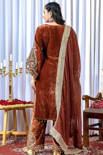 Women straight rust brown velvet embroidery kurta set