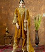 Women straight musturd gold velvet embroidery kurta set