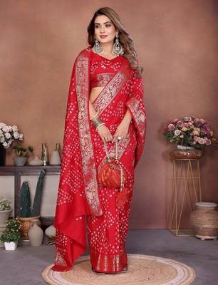 Red Color Saree Zari Weaving Dola Silk Blend Saree 3